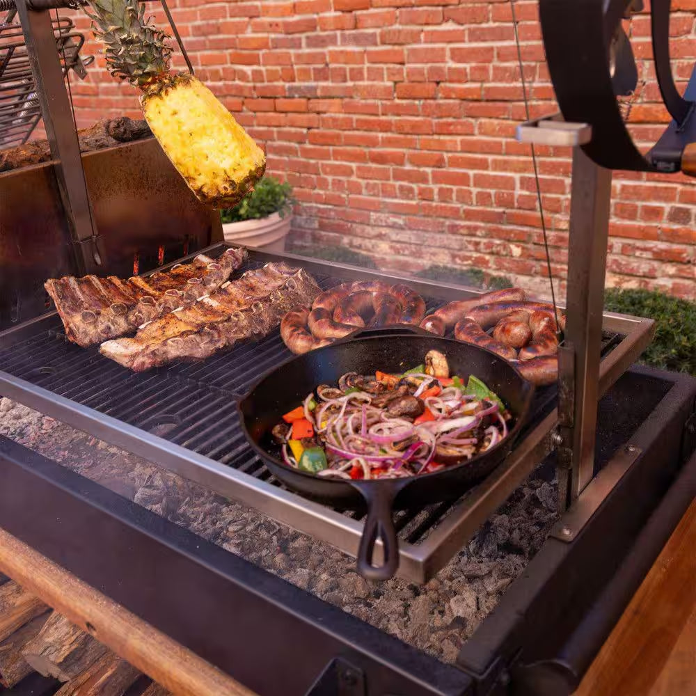 Argentine Santa Maria XL Wood Fire and Charcoal Steel BBQ Grill in Black with Asado Clamp and Adjustable Grates