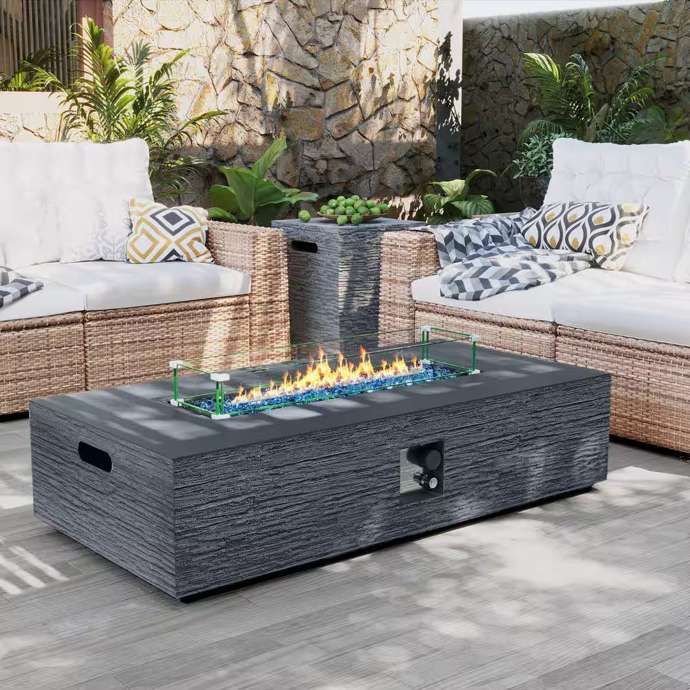 56 In. Rectangular Outdoor Magnesium Oxide Fire Pit Table with Gas Tank Cover, Wind Guard, Dark Gray