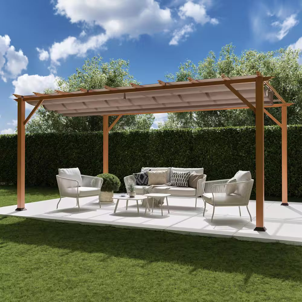 Florence 11 Ft. X 16 Ft. Wood Grain Aluminum Pergola in Canadian Cedar and Cocoa Convertible Canopy