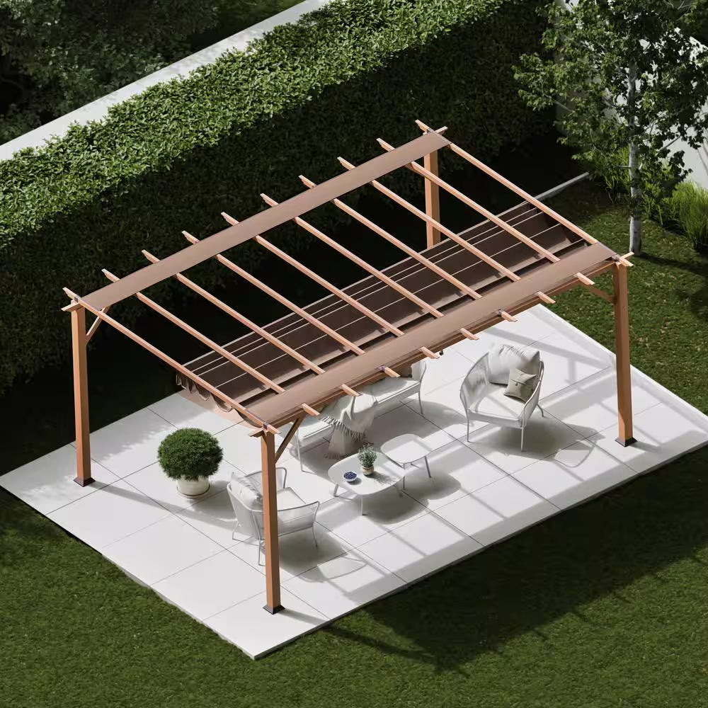 Florence 11 Ft. X 16 Ft. Wood Grain Aluminum Pergola in Canadian Cedar and Cocoa Convertible Canopy