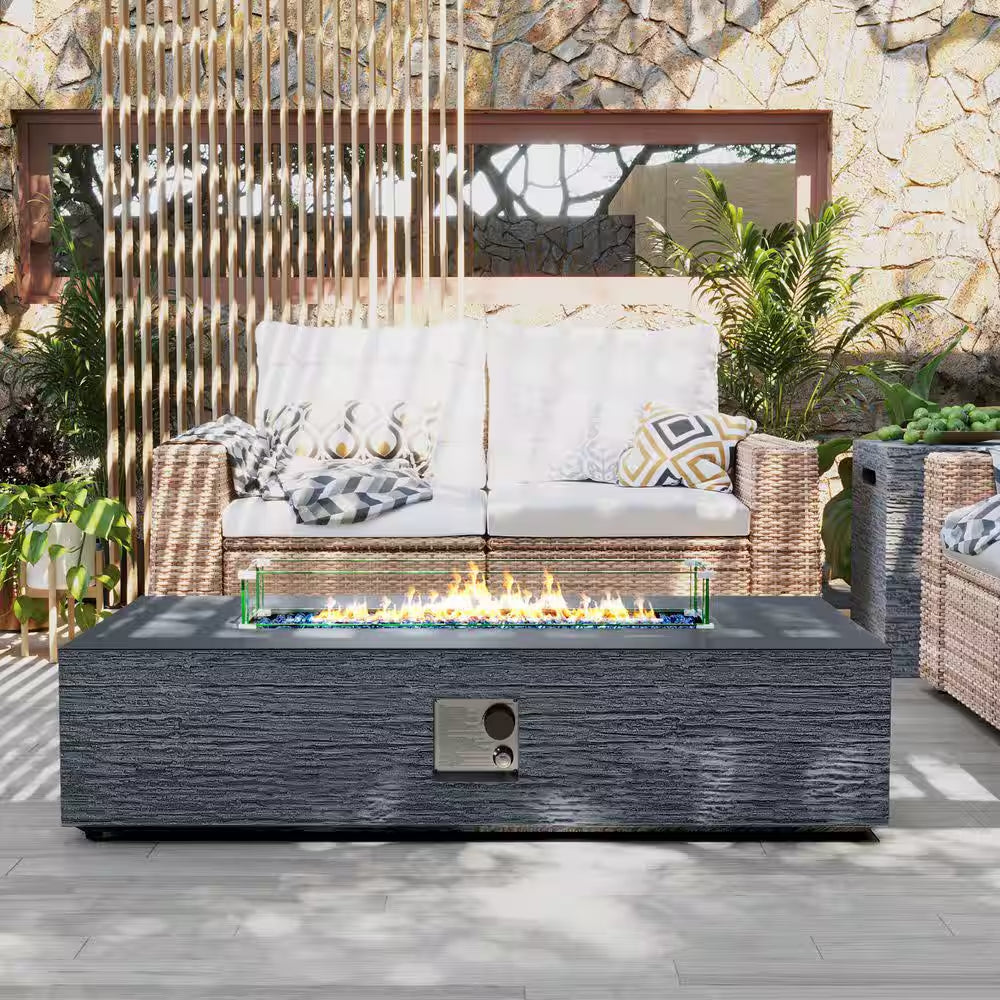 56 In. Rectangular Outdoor Magnesium Oxide Fire Pit Table with Gas Tank Cover, Wind Guard, Dark Gray