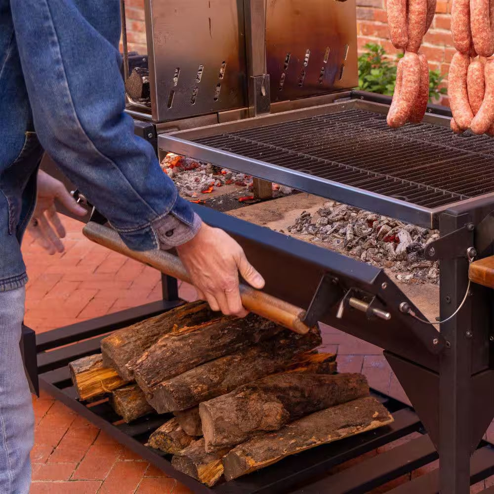 Argentine Santa Maria XL Wood Fire and Charcoal Steel BBQ Grill in Black with Asado Clamp and Adjustable Grates