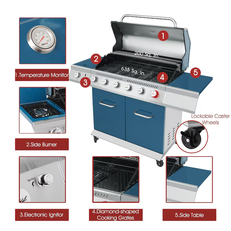 Cabinet Style Blue 6 -Burner Liquid Propane Gas Grill 1 -Side Burner