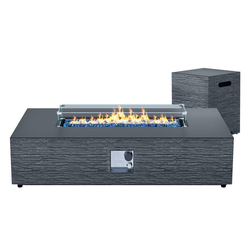 56 In. Rectangular Outdoor Magnesium Oxide Fire Pit Table with Gas Tank Cover, Wind Guard, Dark Gray