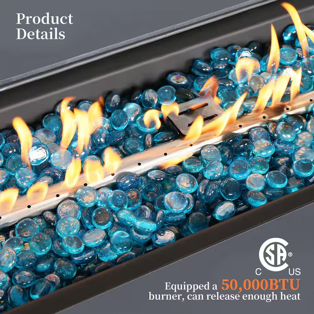 56 In. Rectangular Outdoor Magnesium Oxide Fire Pit Table with Gas Tank Cover, Wind Guard, Dark Gray