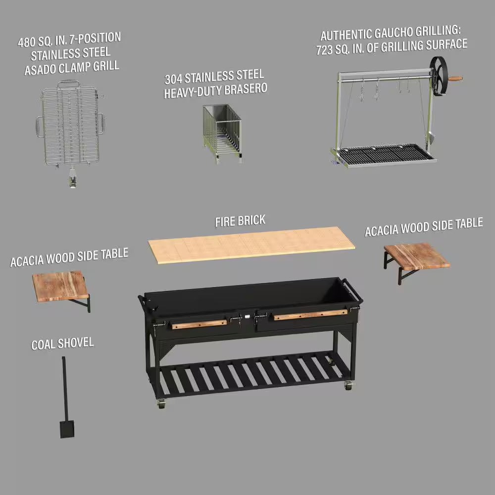 Argentine Santa Maria XL Wood Fire and Charcoal Steel BBQ Grill in Black with Asado Clamp and Adjustable Grates