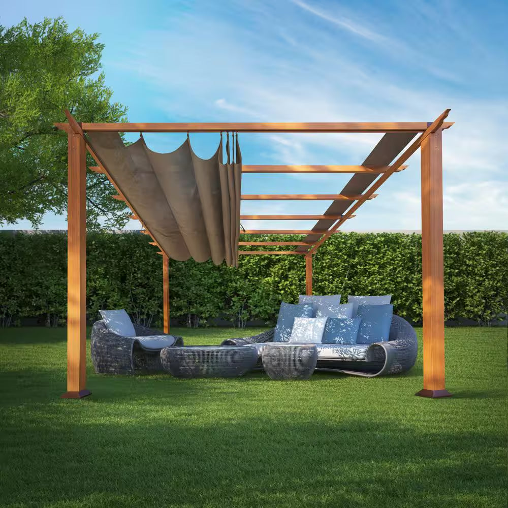 Florence 11 Ft. X 16 Ft. Wood Grain Aluminum Pergola in Canadian Cedar and Cocoa Convertible Canopy