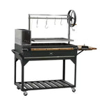 Santa Maria Argentine BBQ Charcoal Grill in Black with Acacia Wood Side Table, Stainless Steel Grate Frame & Cover