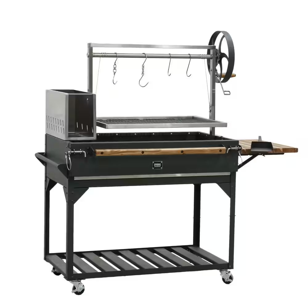 Santa Maria Argentine BBQ Charcoal Grill in Black with Acacia Wood Side Table, Stainless Steel Grate Frame & Cover