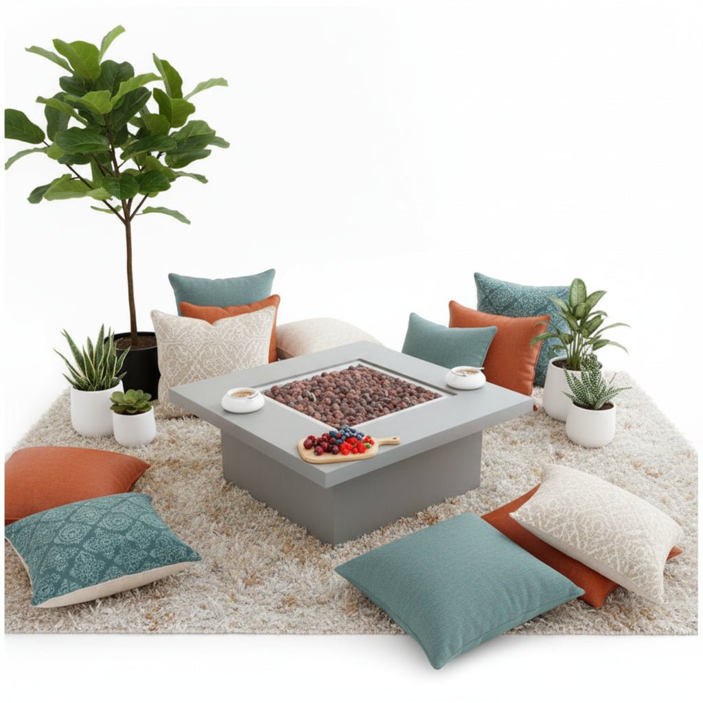 Westport 34 In. X 14 In. Grey round Concrete Propane Pit Table with Electronic Ignition Cover and Lava Rock