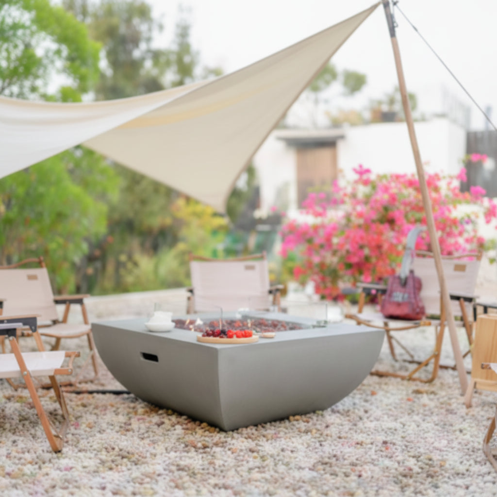 Westport 34 In. X 14 In. Grey round Concrete Propane Pit Table with Electronic Ignition Cover and Lava Rock